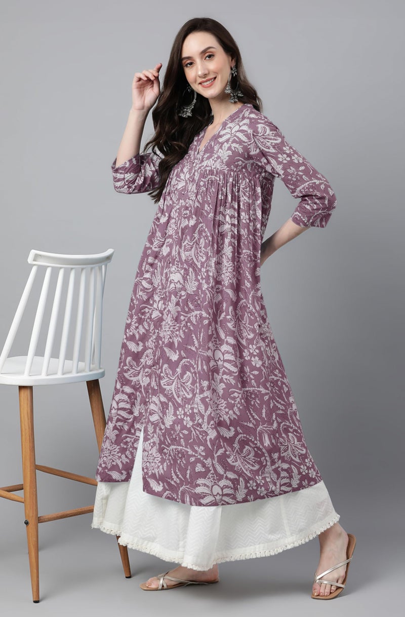 Janasya Women's Purple Pure Cotton Floral Printed Flared Kurta (JAC24KR01389-M) - Image 2