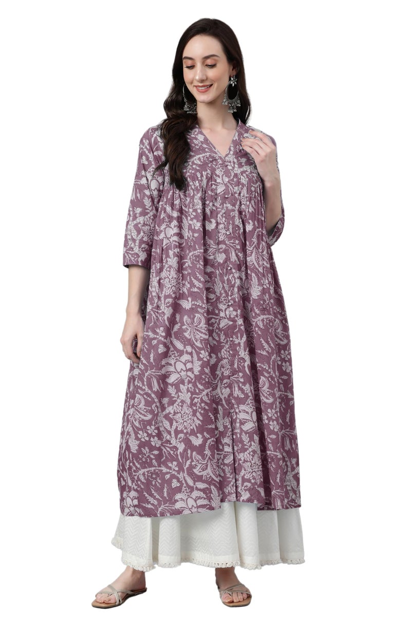 Janasya Women's Purple Pure Cotton Floral Printed Flared Kurta (JAC24KR01389-M) - Image 1