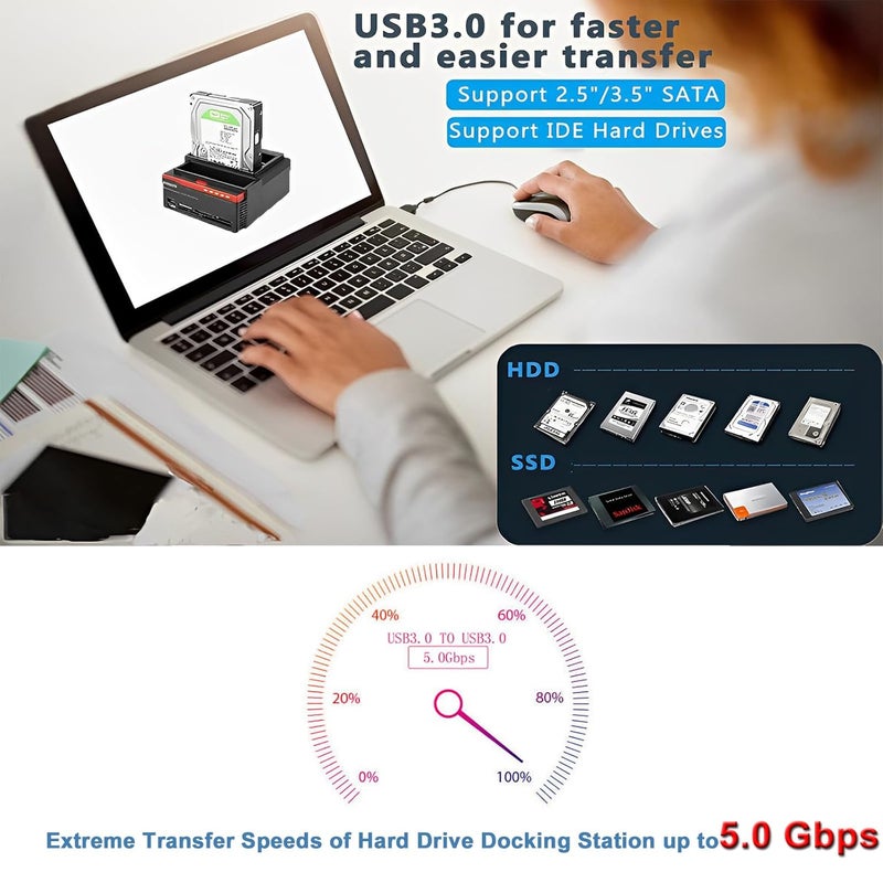 VSVABEFV Microware 2.5/3.5 SATA IDE HDD Docking Station Clone USB 2 ports USB 3.0 Hub MS/M2/XD/CF/SD/TF Card Reader - Image 3