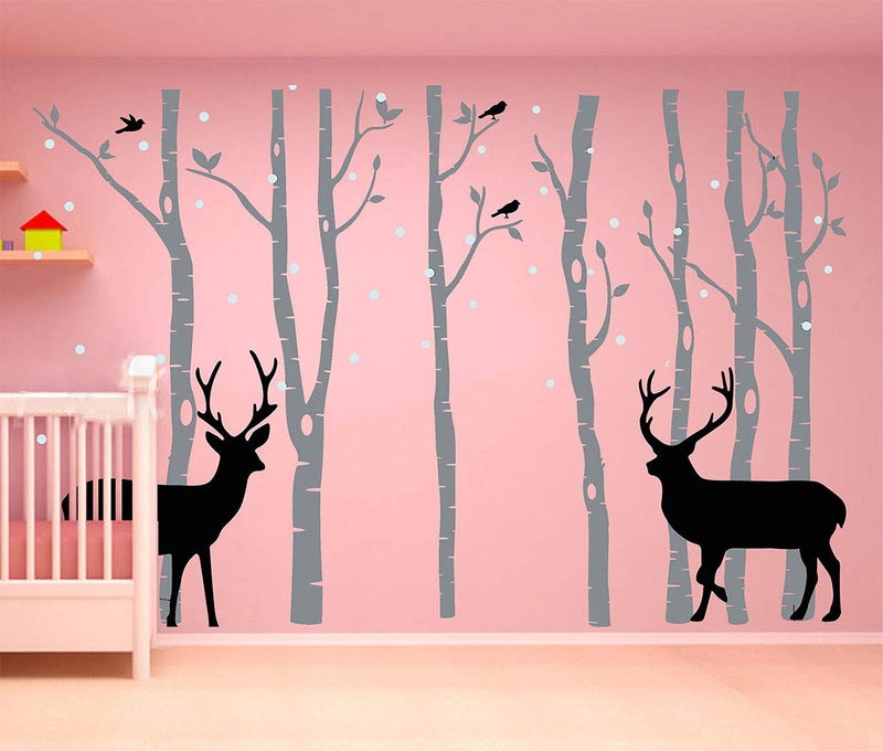 LUCKKYY Birch Tree Deer Wall Decal Nursery Forest Removable Birch Trees Vinyl Sticker for Kids Bedroom Decor Nursery Bedroom (Grey) - Image 3