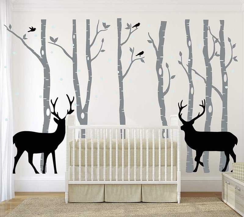 LUCKKYY Birch Tree Deer Wall Decal Nursery Forest Removable Birch Trees Vinyl Sticker for Kids Bedroom Decor Nursery Bedroom (Grey) - Image 5