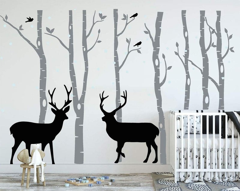 LUCKKYY Birch Tree Deer Wall Decal Nursery Forest Removable Birch Trees Vinyl Sticker for Kids Bedroom Decor Nursery Bedroom (Grey) - Image 1