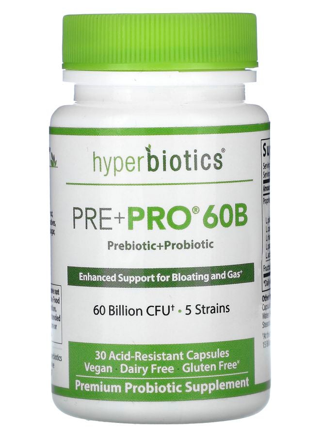 Hyperbiotics Pre + Pro 60B 60 Billion CFU 30 Acid-Resistant Capsules