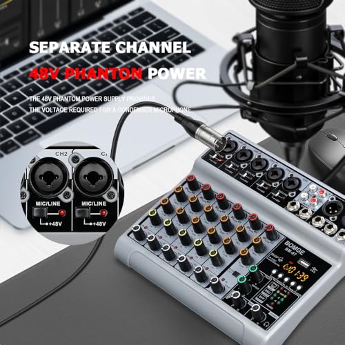 BOMGE Audio Mixer Sound Board Mixing Console with 7 Channel Digital USB Bluetooth Echo Delay Effect 48V Phantom Power Stereo DJ Mixers for Recording Live Streaming Podcasting BM07 - Image 3