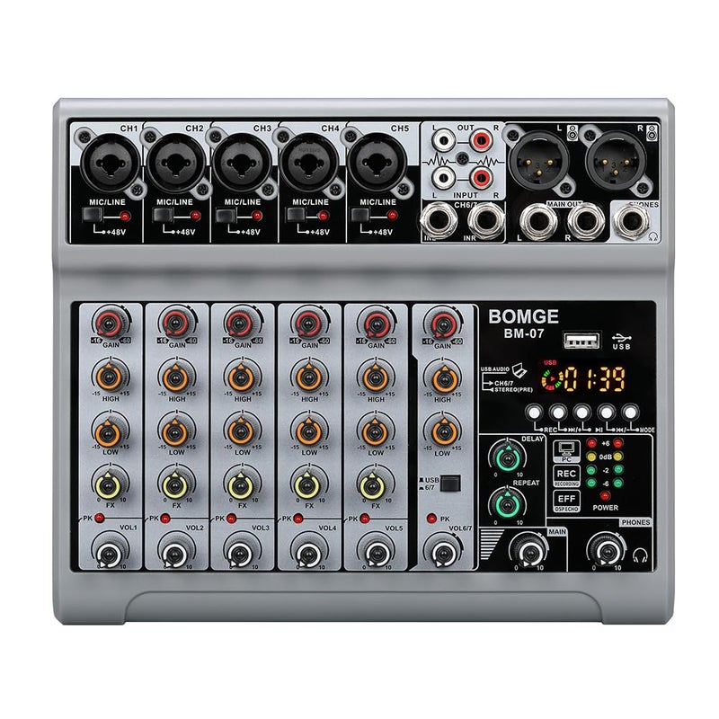 BOMGE Audio Mixer Sound Board Mixing Console with 7 Channel Digital USB Bluetooth Echo Delay Effect 48V Phantom Power Stereo DJ Mixers for Recording Live Streaming Podcasting BM07 - Image 2