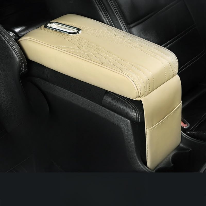 Generic ST SoleMe.Tc Car Console Cover Armrest Box Pad Leather Protection Cushion with Tissue Box and Storage Bag Auto Arm Rest Booster Pad Waterproof Mat Vehicle Interior Accessories, Beige(L) - Image 1