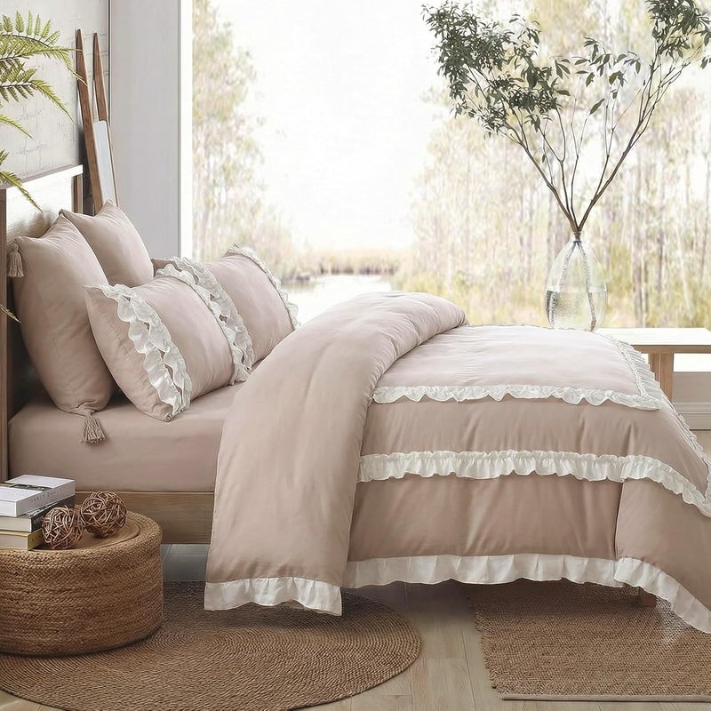Bedorm Taupe Ruffle Bedding White Pleated Comforter Set Queen Size Pieces with Ruffled Comforter & Pillowcase Pastoral Style Shabby Chic Quilt Comforter - Image 5