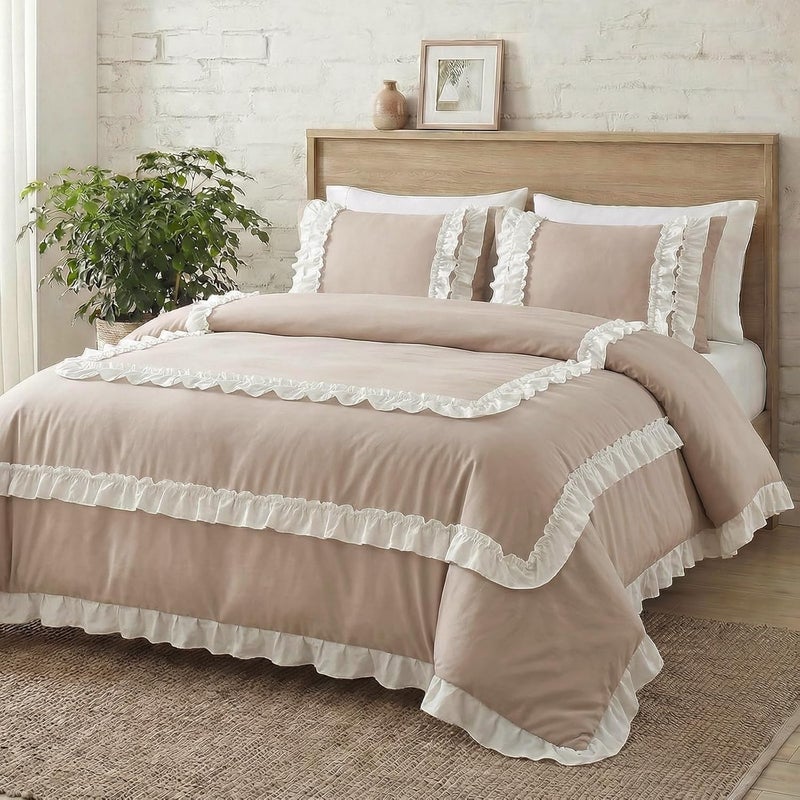 Bedorm Taupe Ruffle Bedding White Pleated Comforter Set Queen Size Pieces with Ruffled Comforter & Pillowcase Pastoral Style Shabby Chic Quilt Comforter - Image 3