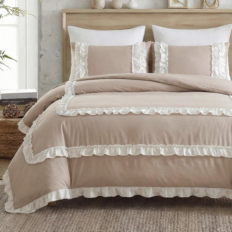 Bedorm Taupe Ruffle Bedding White Pleated Comforter Set Queen Size Pieces with Ruffled Comforter & Pillowcase Pastoral Style Shabby Chic Quilt Comforter - Image 1
