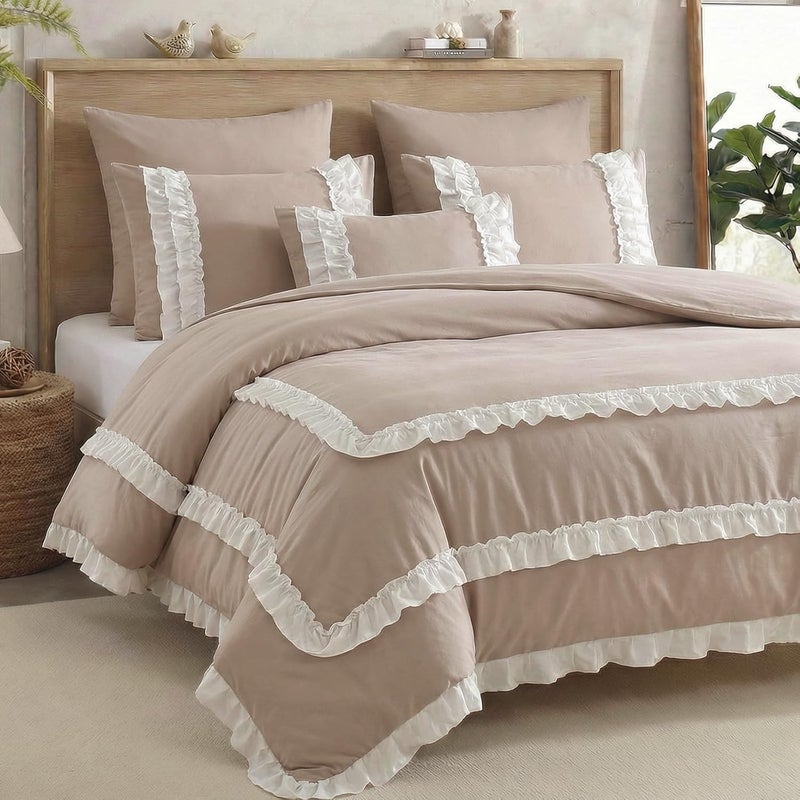 Bedorm Taupe Ruffle Bedding White Pleated Comforter Set Queen Size Pieces with Ruffled Comforter & Pillowcase Pastoral Style Shabby Chic Quilt Comforter - Image 2