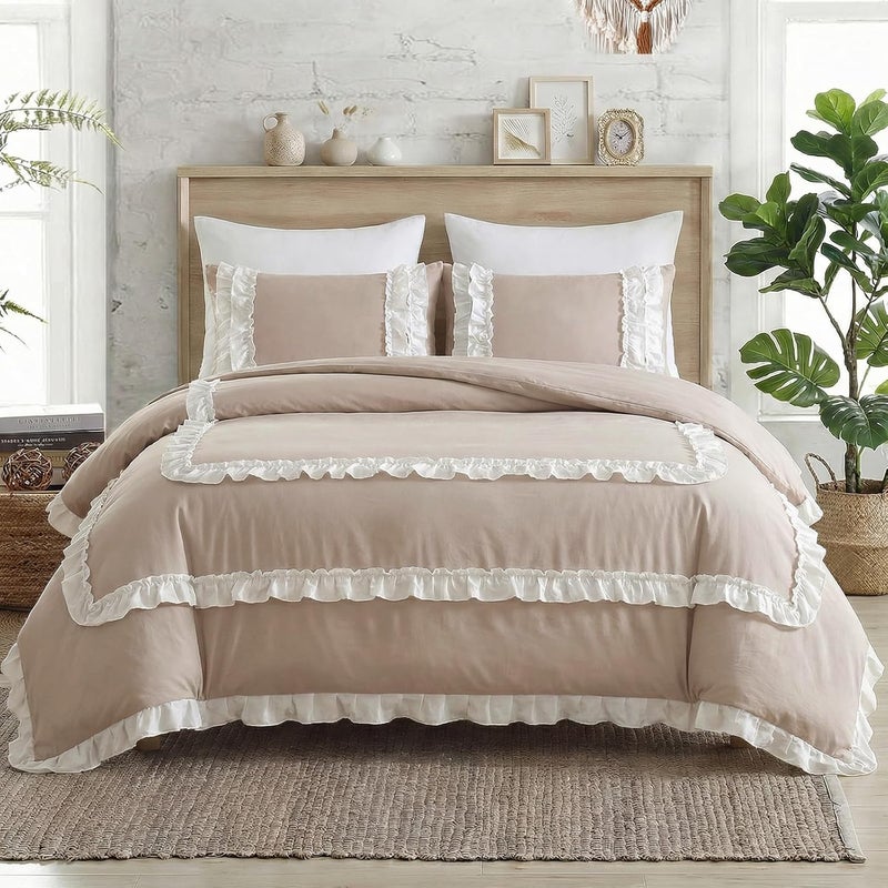 Bedorm Taupe Ruffle Bedding White Pleated Comforter Set Queen Size Pieces with Ruffled Comforter & Pillowcase Pastoral Style Shabby Chic Quilt Comforter - Image 4