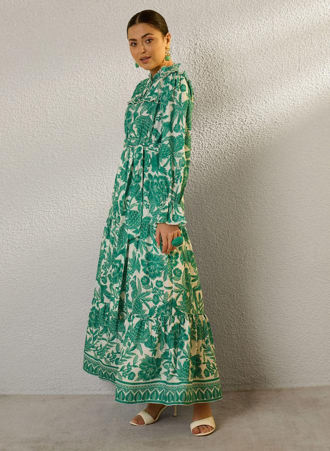 SASSAFRAS Green Floral Print Tiered Maxi Dress - Image 3