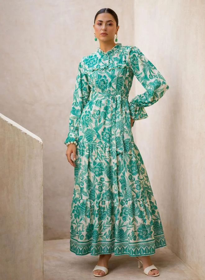 SASSAFRAS Green Floral Print Tiered Maxi Dress