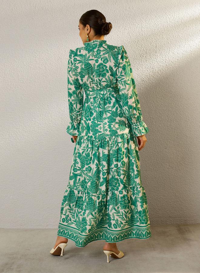 SASSAFRAS Green Floral Print Tiered Maxi Dress - Image 5