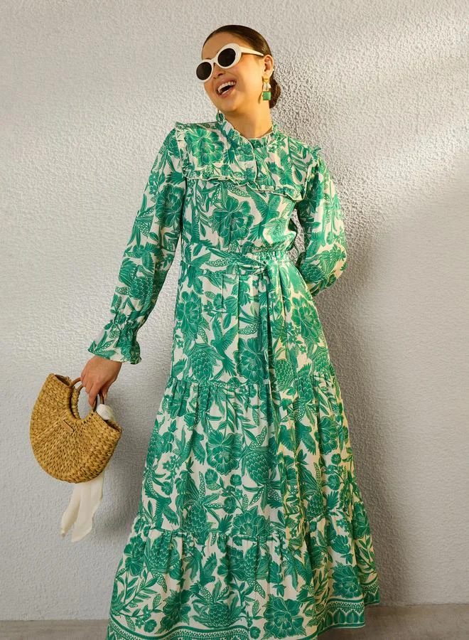 SASSAFRAS Green Floral Print Tiered Maxi Dress