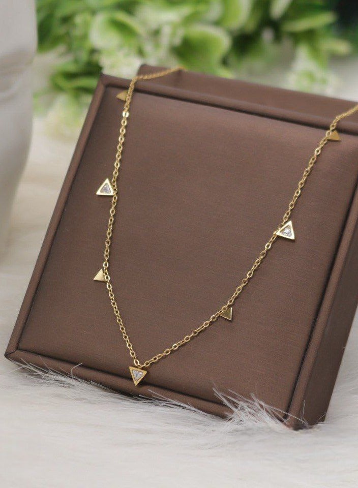 Women's Stainless Steel Necklace with Soft Design and Small Triangular Shapes Studded with Shiny Stones 
