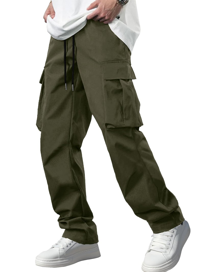 Comdecevis Men's Casual Cargo Pants Workout Joggers Stretch Sweatpants Hiking Drawstring Tactical Pants with Multi Pockets Army Green - Image 1