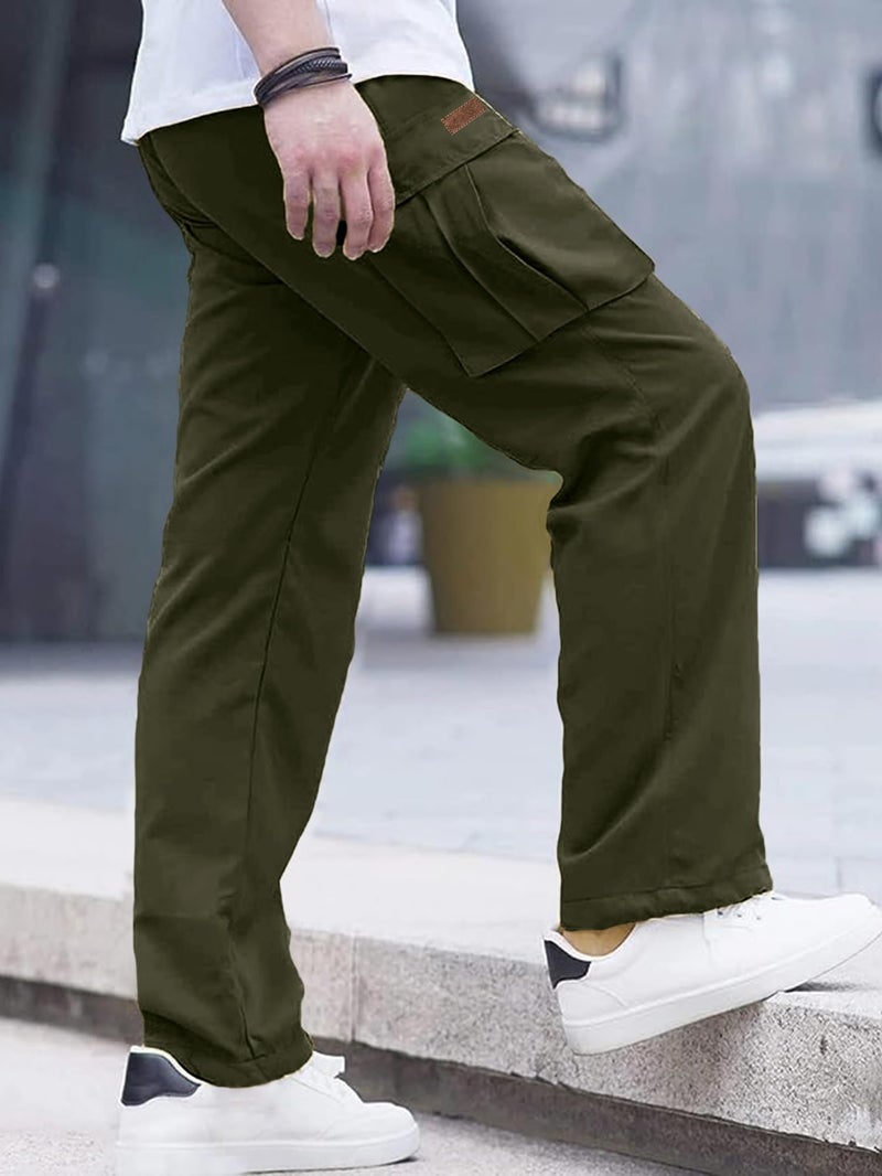 Comdecevis Men's Casual Cargo Pants Workout Joggers Stretch Sweatpants Hiking Drawstring Tactical Pants with Multi Pockets Army Green - Image 3