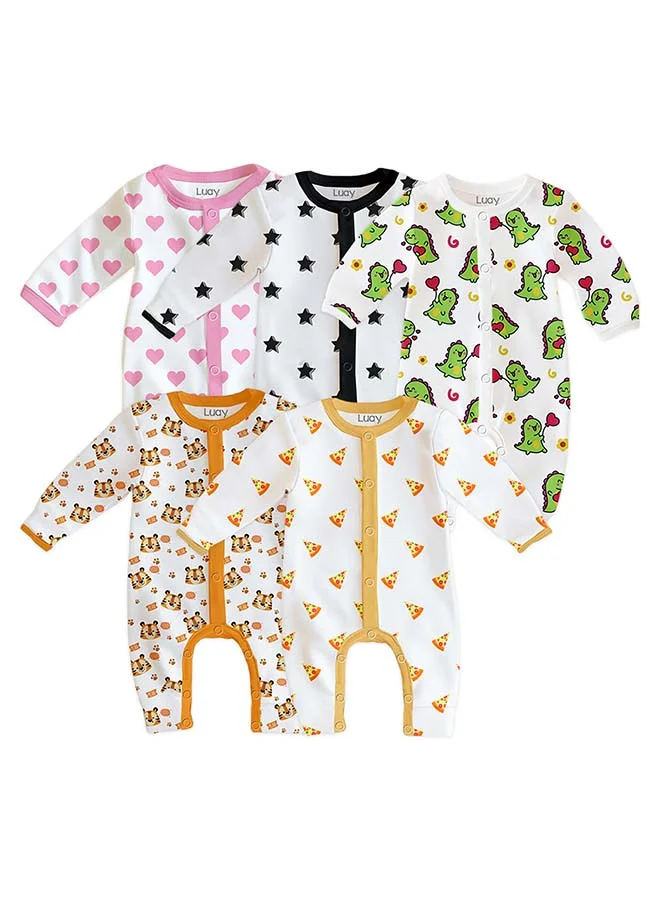 لؤي 100% Cotton Full Sleeves Baby Printed Romper,Sleepsuit for Baby Girls & Boys,_(Pack of 5)