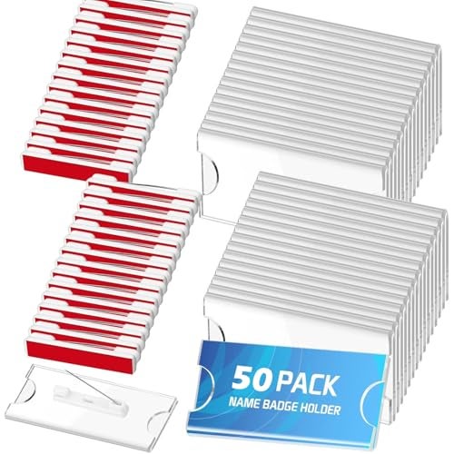Shuban 50 Pieces Name Badges with Pins for School Work Name Badge Holder for Clothes Clear Acrylic Sign Display Holder DIY Blank Id Holders Printable Name Label for Work Business Classroom - Image 1