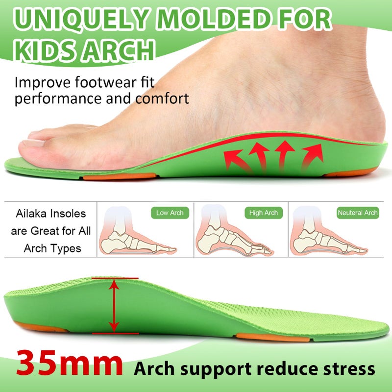 Ailaka Kids Orthotic Cushioning Arch Support Shoe Insoles, Children Pu Foam Inserts for Flat feet, Plantar Fasciitis, Feet Heel Pain Relief - Image 2