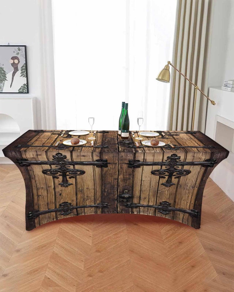 Chees D Zone Farm Retro Wood Door Spandex Table Cover, Fitted for 4ft Rectangle, Washable Elastic Stretch Patio Tablecloth, Vintage Barn Brown Board Table Cloth for Cocktail Wedding Party Banquet - Image 2