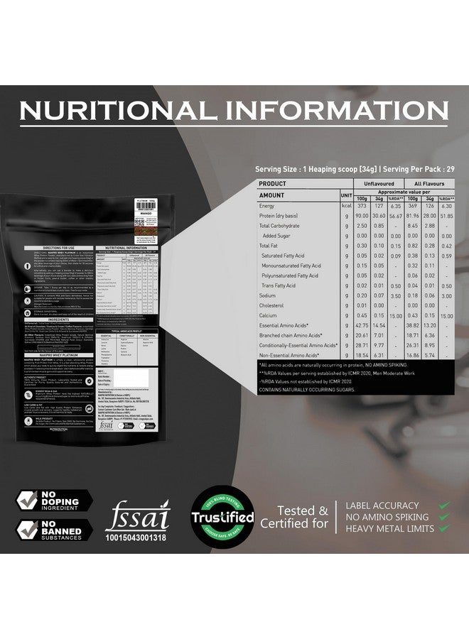 NAKPRO Platinum Whey Protein Isolate 1kg Mango | 28g Protein, 6.4g BCAA | Trustified Certified 100% Authentic Supplement Powder & No Adulteration | Low Carbs, Fast Absorbing Whey Protein Powder - Image 3