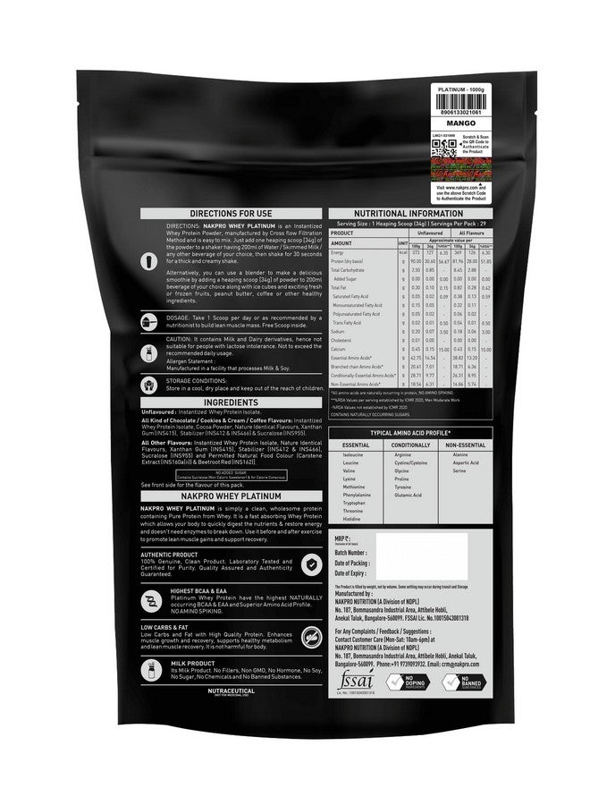 NAKPRO Platinum Whey Protein Isolate 1kg Mango | 28g Protein, 6.4g BCAA | Trustified Certified 100% Authentic Supplement Powder & No Adulteration | Low Carbs, Fast Absorbing Whey Protein Powder - Image 2