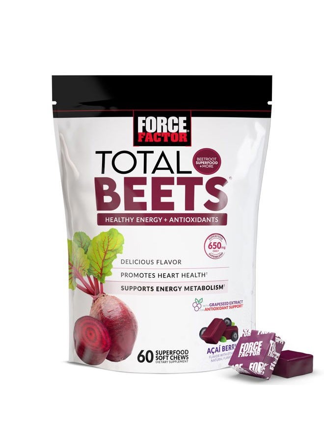 Force Factor Total Beets Soft Chews with Beetroot, Nitrates, L-Citrulline, Grapeseed Extract, and Antioxidants, Healthy Energy Supplement with Elite Ingredients, Heart Health Superfood, 60 Chews  - Image 1