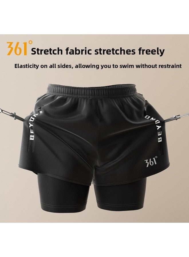 Loquat 361 Swimming Trunks Men's 2023 Men's Swimming Trunks Double-layer Anti-embarrassment Swimming Trunks Men's Comfortable Swimming Trunks Men-Color:Black Five-piece Set 【swimming Trunks + Swimming Caps - Image 4