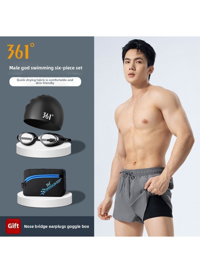 Loquat 361 Swimming Trunks Men's 2023 Men's Swimming Trunks Double-layer Anti-embarrassment Swimming Trunks Men's Comfortable Swimming Trunks Men-Color:Black Five-piece Set 【swimming Trunks + Swimming Caps - Image 3