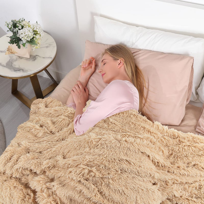 Tuddrom Decorative Extra Soft Faux Fur Blanket Queen Size 80"" x 90"" Solid Reversible Fuzzy Long Hair Shaggy Blanket Fluffy Cozy Plush Fleece Comfy Microfiber Fur Blanket for Couch Sofa Bed Apricot - Image 3