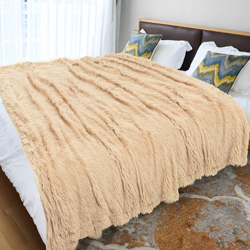 Tuddrom Decorative Extra Soft Faux Fur Blanket Queen Size 80"" x 90"" Solid Reversible Fuzzy Long Hair Shaggy Blanket Fluffy Cozy Plush Fleece Comfy Microfiber Fur Blanket for Couch Sofa Bed Apricot - Image 5