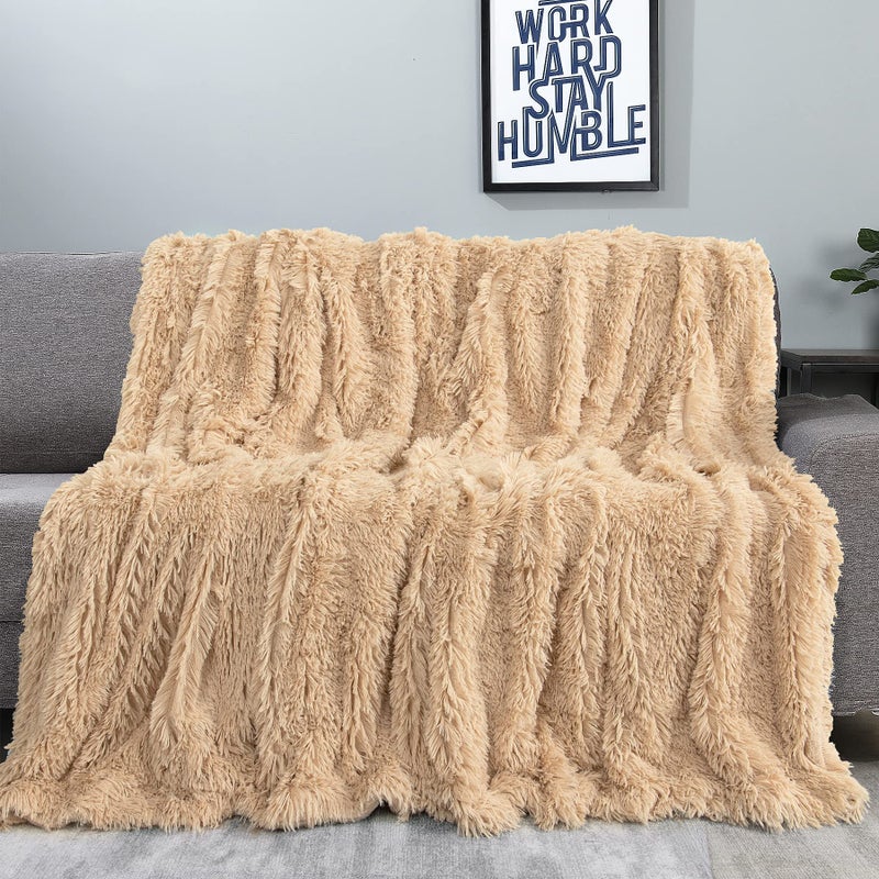 Tuddrom Decorative Extra Soft Faux Fur Blanket Queen Size 80"" x 90"" Solid Reversible Fuzzy Long Hair Shaggy Blanket Fluffy Cozy Plush Fleece Comfy Microfiber Fur Blanket for Couch Sofa Bed Apricot - Image 2