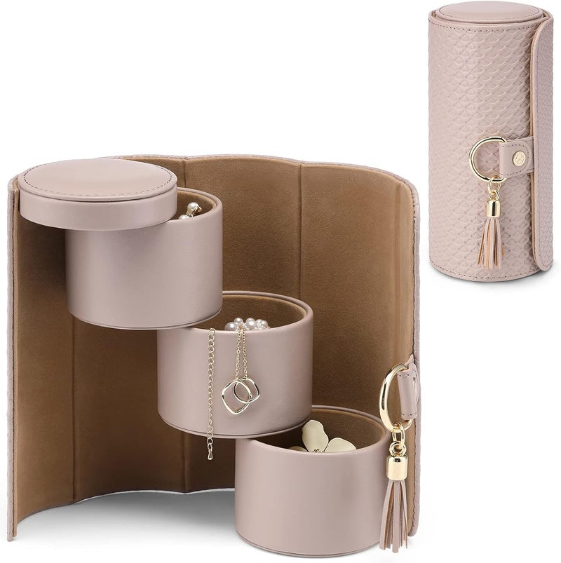 Vlando Travel Jewelry Box, Travel Jewelry Case for Mothers Day Gifts, Earring organizer Necklacke Organizer Ring Organizer Box with Hand-held Design for Travelling - Grey+Khaki Inner - Image 1