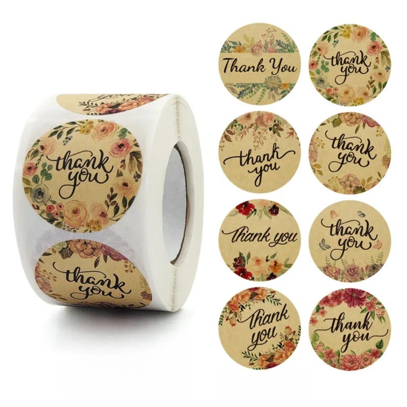 Storrianne Kraft Flowers Thank You Stickers - 1.5 inches 8 Floral Designs 500 Labels for Small Bussiness,Wedding,Birthday Party Favors,Envelope Seals and Gift Box - Image 1