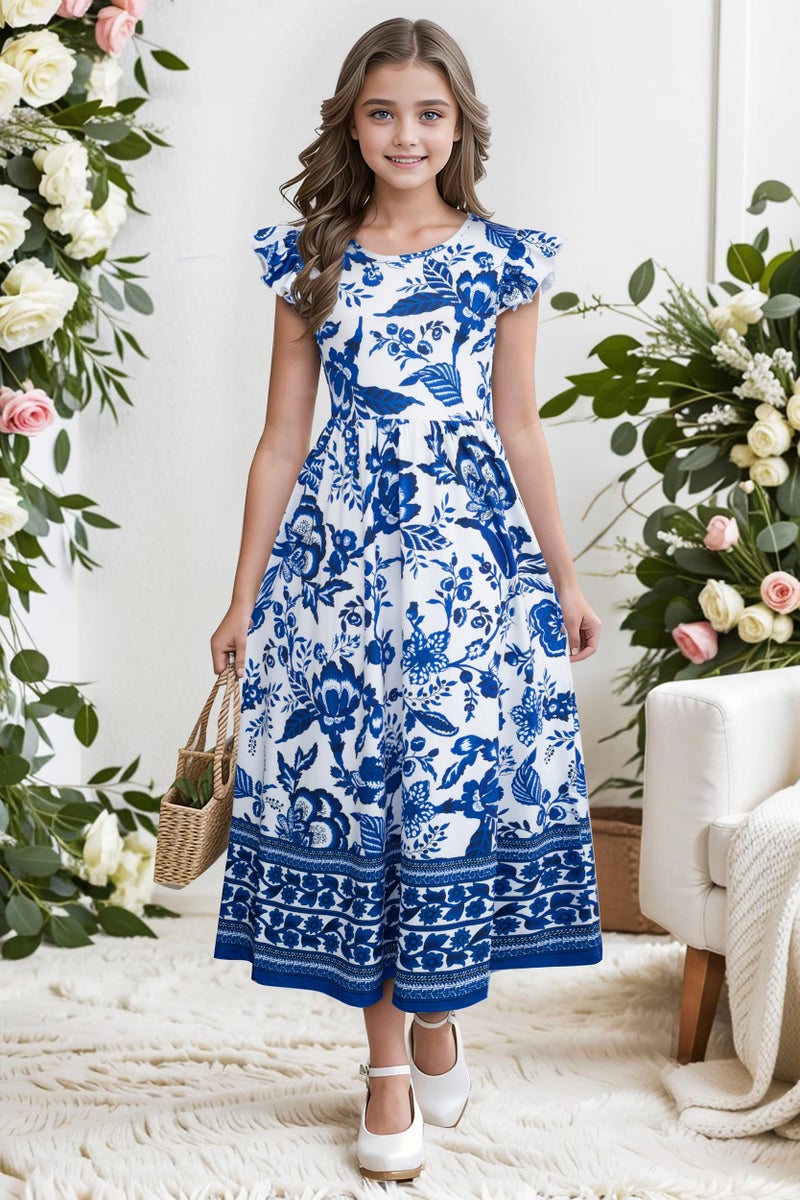 Kilottor Girl's Dress Summer Boho Floral Flutter Sleeve Party Casual A Line Vacation Maxi Dress 9-14 Years (Blue, 13-14 Years) - Image 4