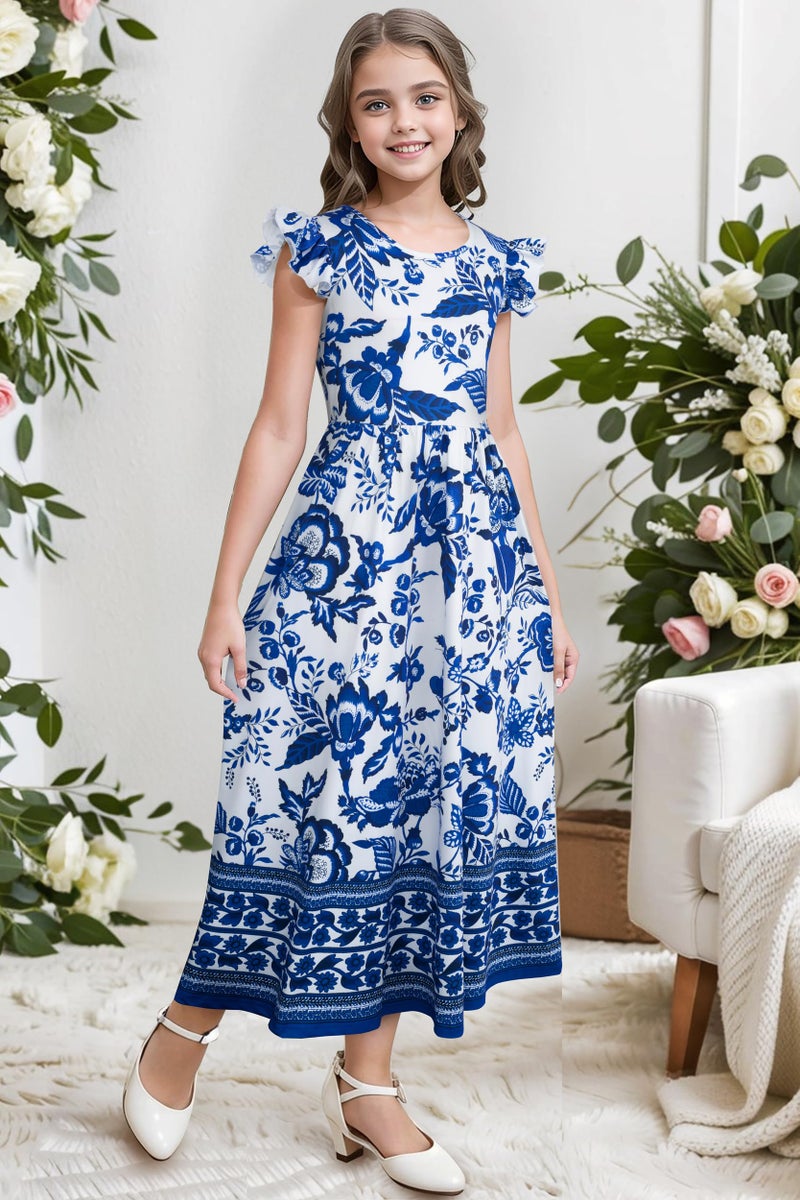 Kilottor Girl's Dress Summer Boho Floral Flutter Sleeve Party Casual A Line Vacation Maxi Dress 9-14 Years (Blue, 13-14 Years) - Image 3