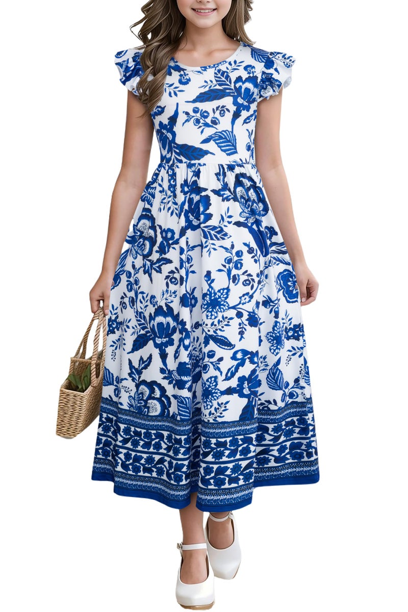 Kilottor Girl's Dress Summer Boho Floral Flutter Sleeve Party Casual A Line Vacation Maxi Dress 9-14 Years (Blue, 13-14 Years) - Image 1