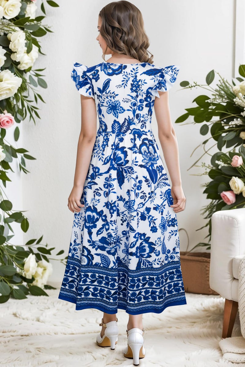Kilottor Girl's Dress Summer Boho Floral Flutter Sleeve Party Casual A Line Vacation Maxi Dress 9-14 Years (Blue, 13-14 Years) - Image 2