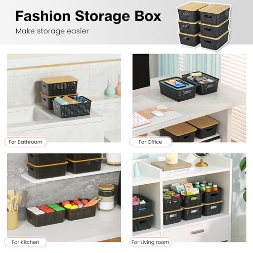 Ohmlove Plastic Storage Baskets With Bamboo Lid - Plastic Storage Containers Stackable Storage bins: Storage Baskets for Organizing Shelves Drawers Desktop Closet Playroom Classroom Office, 6 Pack - Image 4