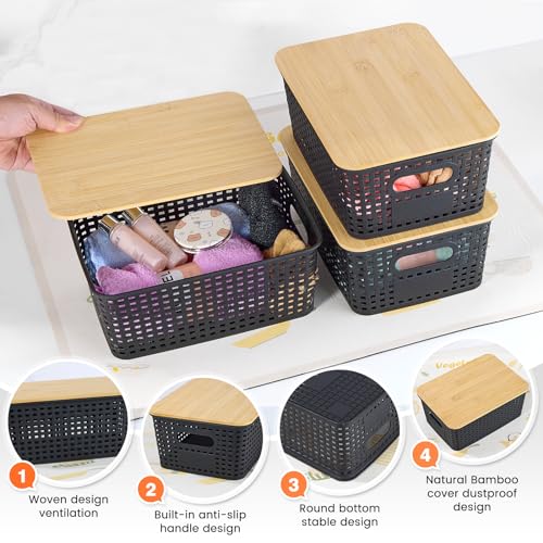Ohmlove Plastic Storage Baskets With Bamboo Lid - Plastic Storage Containers Stackable Storage bins: Storage Baskets for Organizing Shelves Drawers Desktop Closet Playroom Classroom Office, 6 Pack - Image 3
