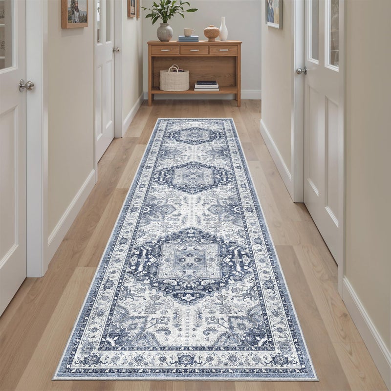Madane Washable Runner Rug - 2x8 Runners for Hallways Kitchen Non-Slip Runner Rugs Ultra-Thin Laundry Room Rug Throw Carpet Runner for Entrance Living Dinning Room Foyer (Navy/White, 2 x 8) - Image 3