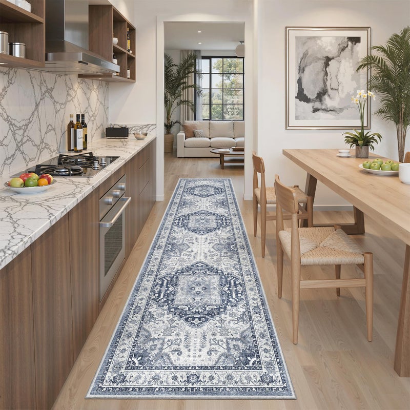 Madane Washable Runner Rug - 2x8 Runners for Hallways Kitchen Non-Slip Runner Rugs Ultra-Thin Laundry Room Rug Throw Carpet Runner for Entrance Living Dinning Room Foyer (Navy/White, 2 x 8) - Image 2