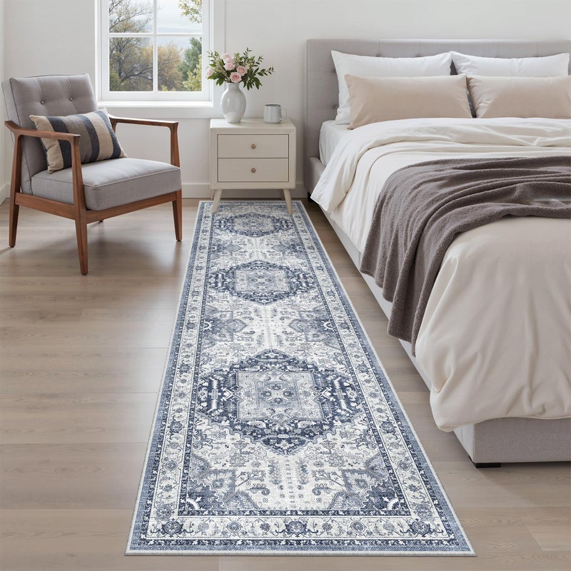 Madane Washable Runner Rug - 2x8 Runners for Hallways Kitchen Non-Slip Runner Rugs Ultra-Thin Laundry Room Rug Throw Carpet Runner for Entrance Living Dinning Room Foyer (Navy/White, 2 x 8) - Image 1