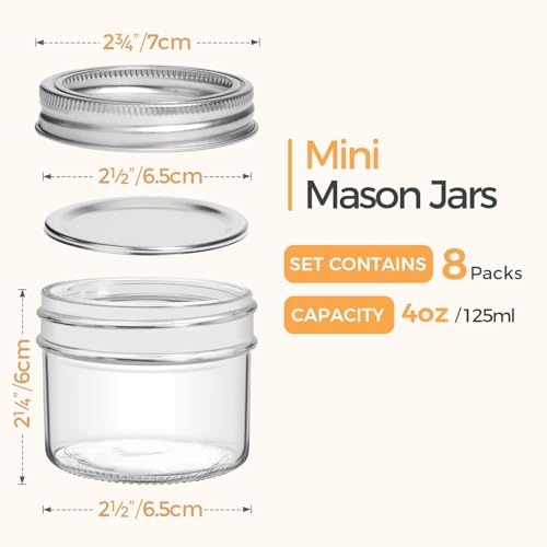 KITOME Mini Mason Jars with Lids – 8 Pack, 4oz/120ml Clear Glass Jars for Baby Food, Spices, Jam, Honey, Jelly, Desserts, Wedding Favors & DIY Candle Making – Wide Mouth Reusable Storage Containers - Image 2
