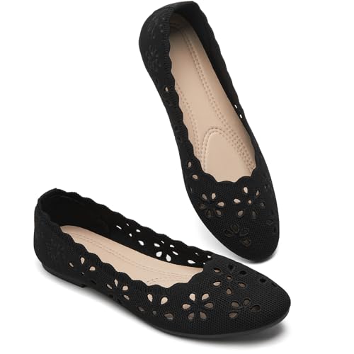 BABUDOG Mesh Ballet Flats Shoes for Women,Womens Flats Dressy Comfortable,Women's Dress Shoes with Flower Eyelets,Slip on Casual Walking Flats(Black 09) - Image 1