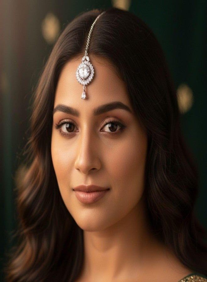ZEELLO Sparkling CZ Stone Maang Tikka for Girls & Women | Wedding & Festive Hair Ornament - Image 3