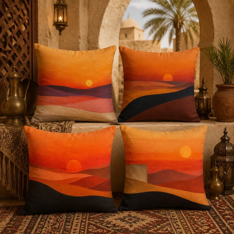طقم 4 أغطية وسائد ديكورية بتصميم غروب الصحراء، ستايل بوهيمي مغربي أنيق للكنب والسرير وغرفة المعيشة - Image 2