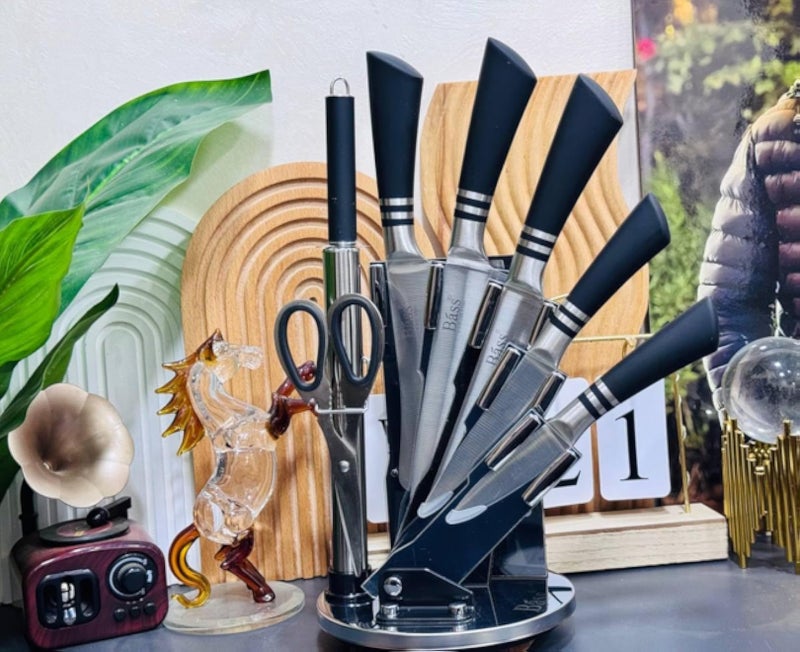 Professional Knife Set with Rotating Stand, 6 Pieces, Stainless Steel Kitchen Knives with Scissors (black)